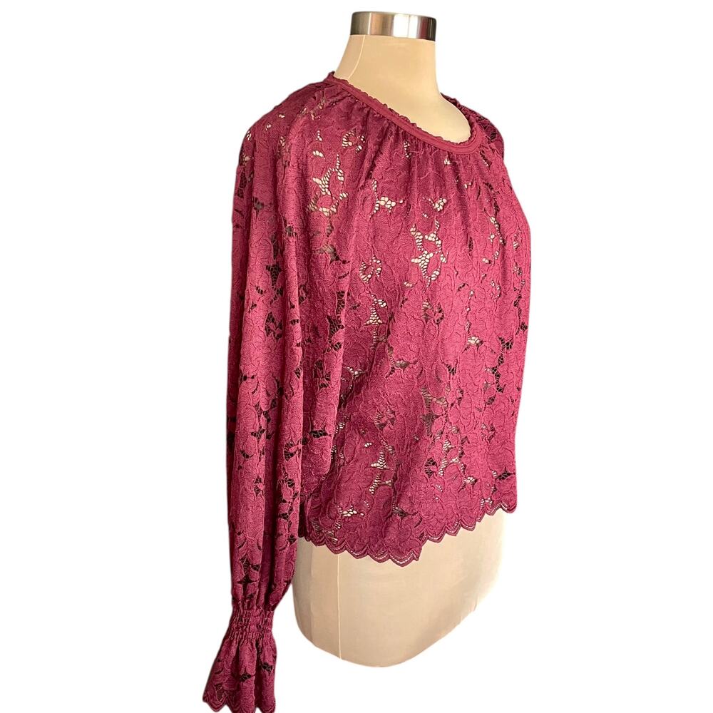 Free People Olivia Wine Lace Blouse SMALL Sheer Long Sleeves Boho Romantic - Picture 7 of 12